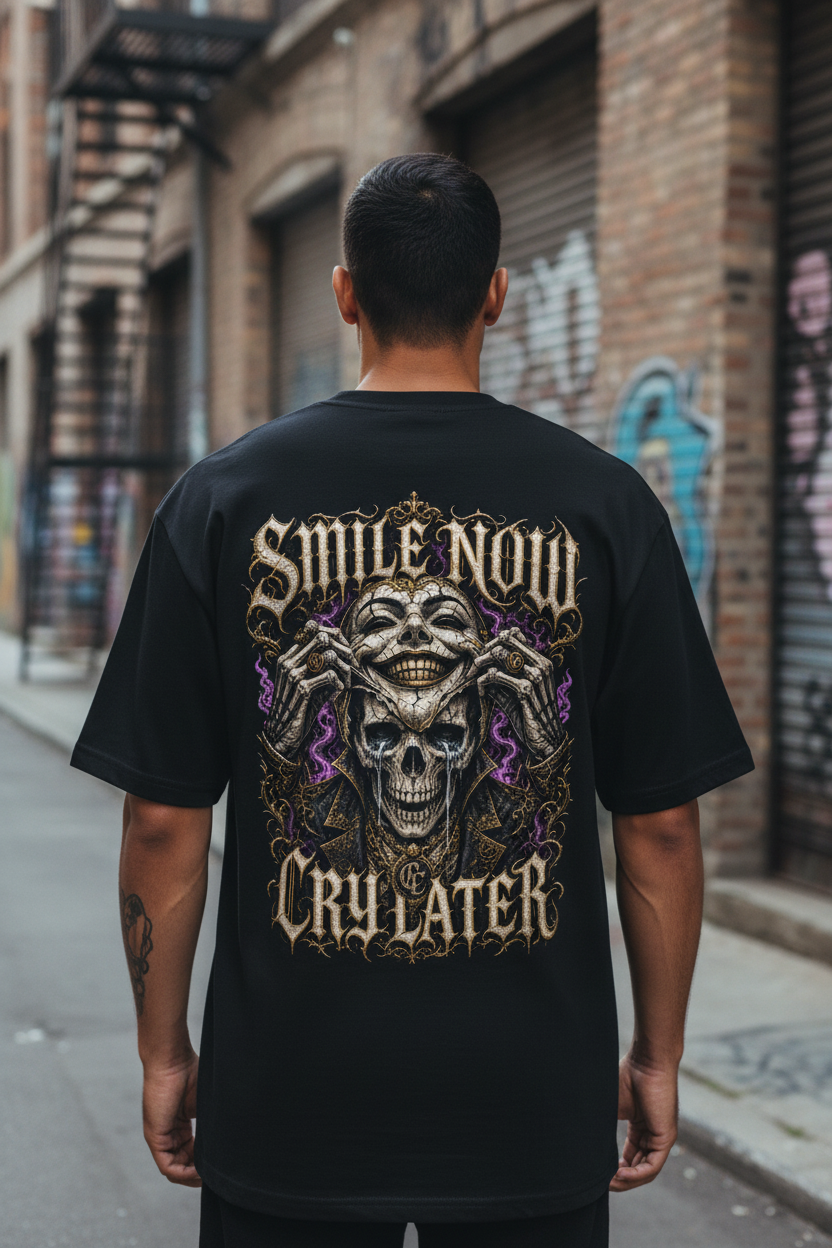 Male model wearing the Smile Now Cry Later tee