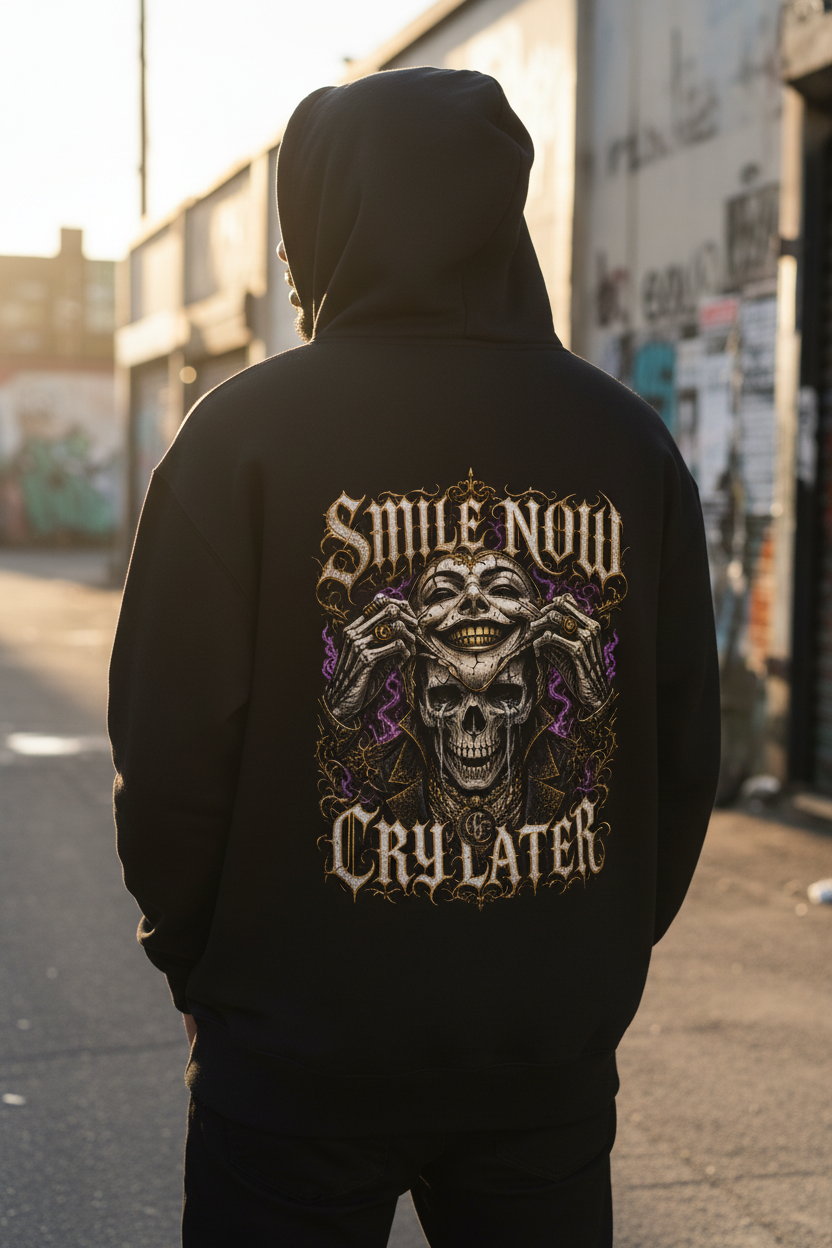 Male model showing the large Smile Now Cry Later back print