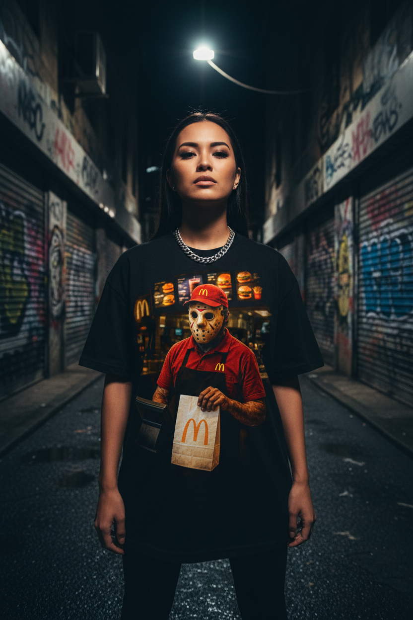 Female model wearing The Daily Dead McKillin It tee