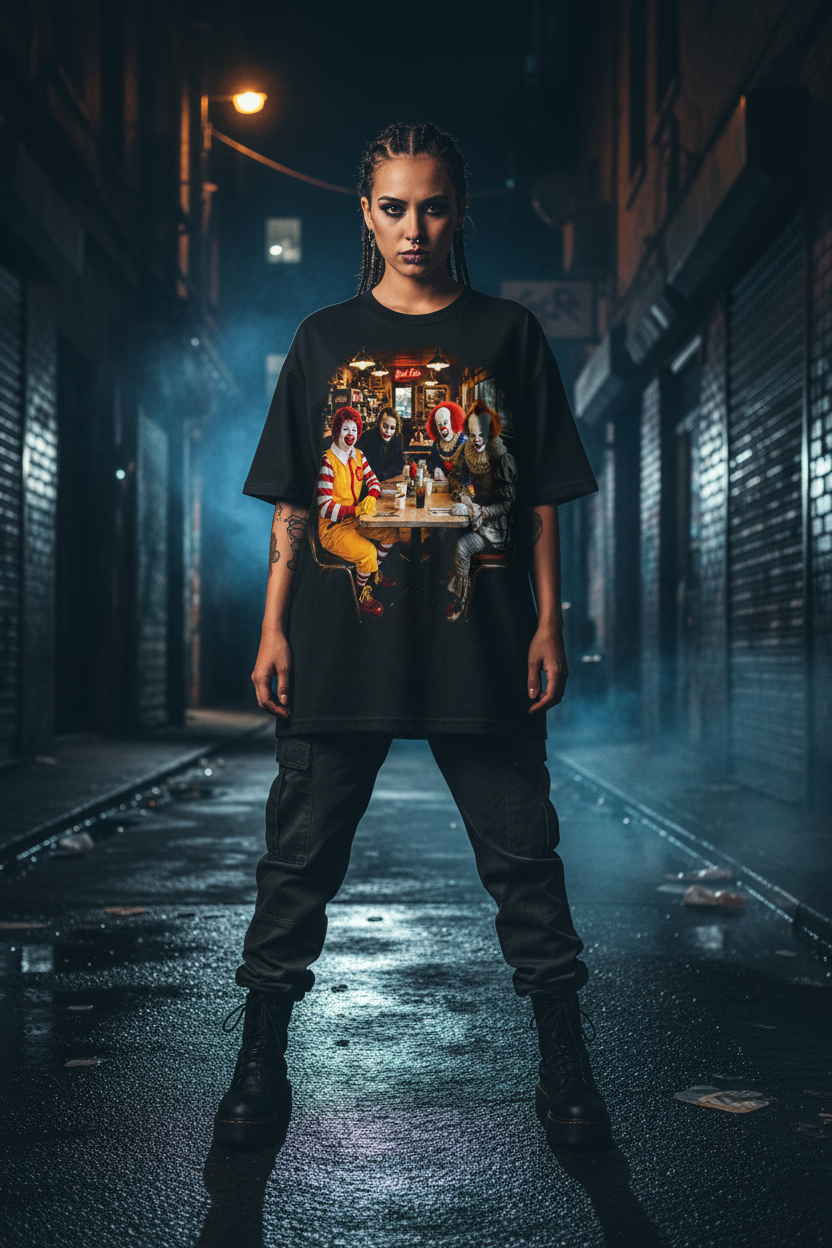 Female model wearing The Daily Dead Not So Happy Meal tee