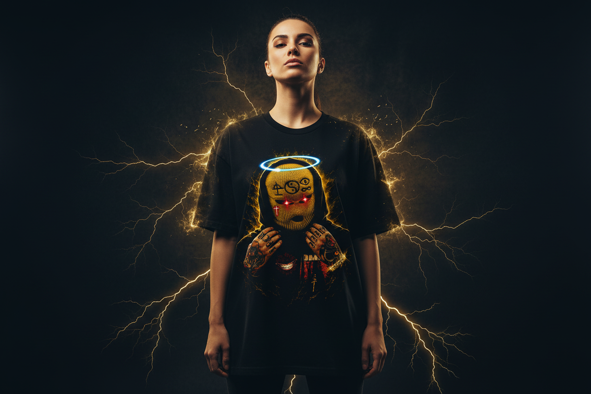 Female model wearing Ski Mask Saint unisex tee