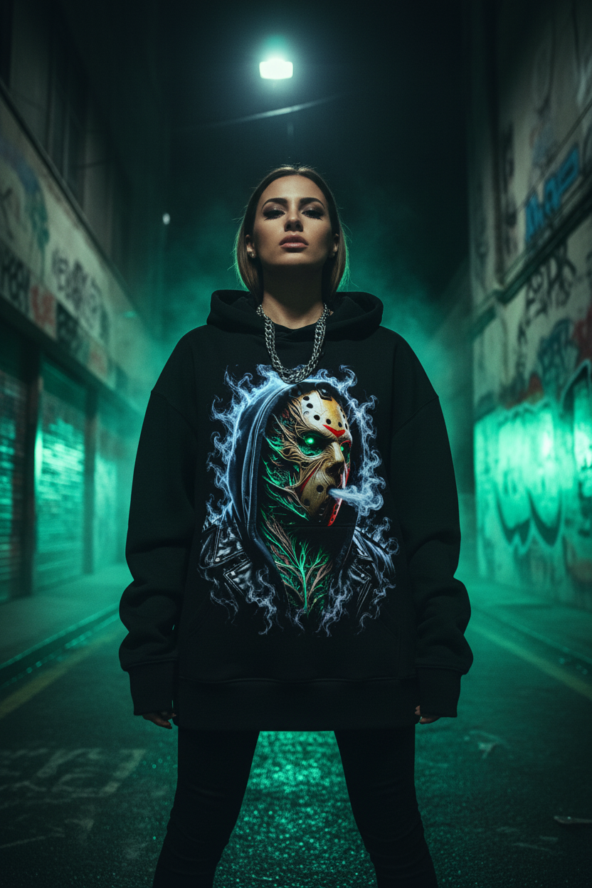 Female model wearing The Daily Dead Jason Neon Reaper hoodie