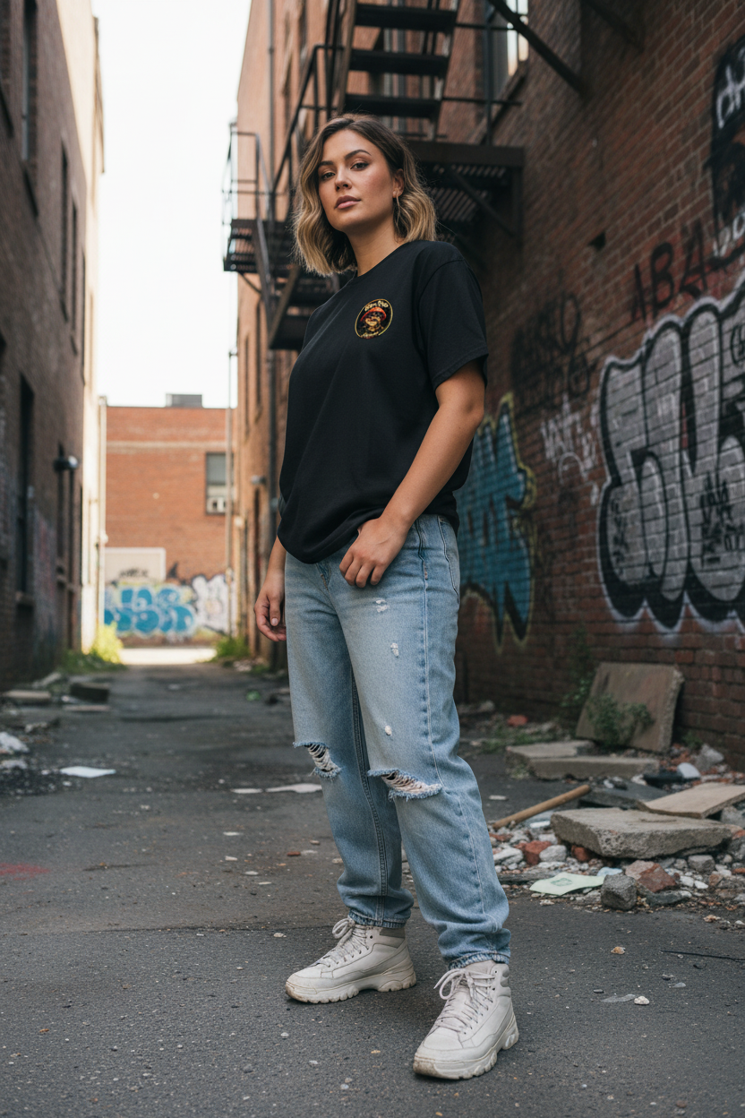 Female model showing the Uncle Hoss Apparel front branding on the Psili Man Hill Billy tee