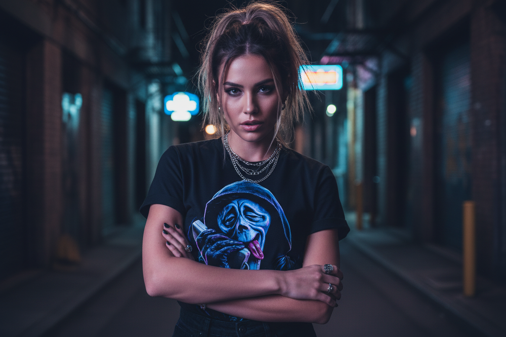 Female model wearing The Daily Dead Ghostface Drunk Dial tee
