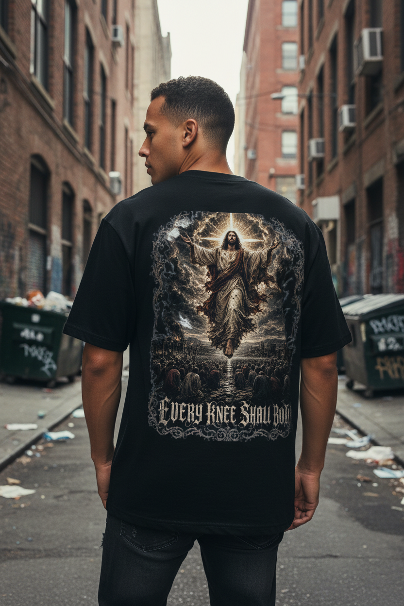 Male model wearing the Every Knee Shall Bow tee