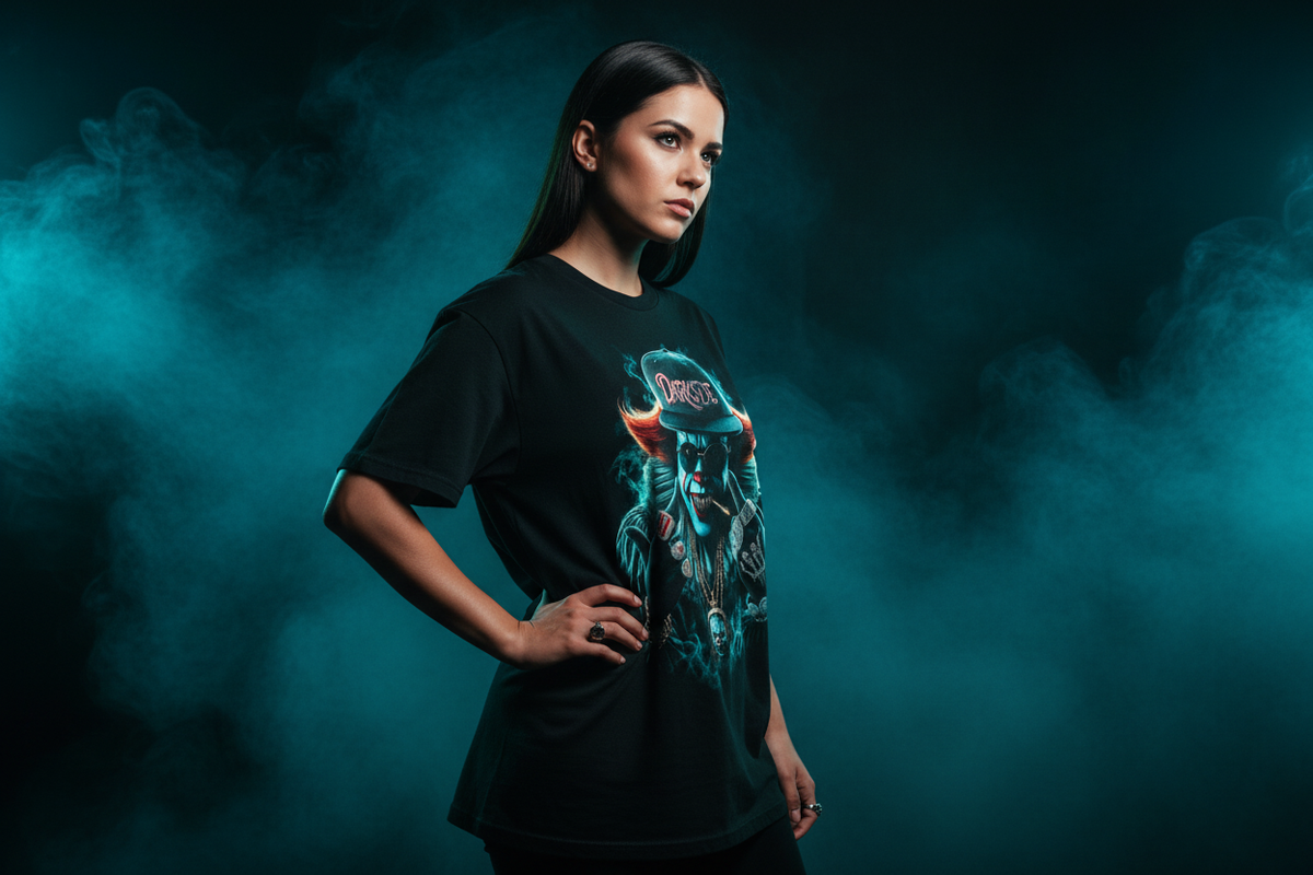 Female model wearing The Daily Dead Pennywise Darkside unisex tee