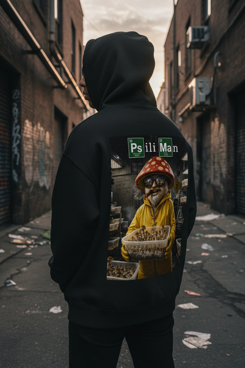 Male model showing the large Psili Man Breaking Bad back artwork