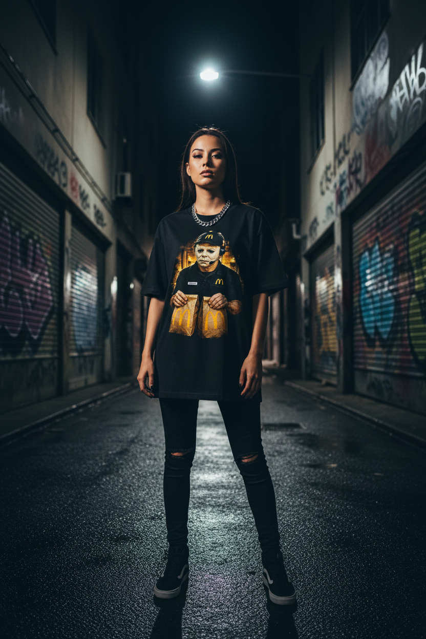Female model wearing The Daily Dead Myers Meal tee