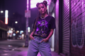 Female model wearing The Daily Dead Ghostface Purple Haze tee