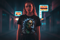 Female model wearing The Daily Dead Jason Neon Reaper tee