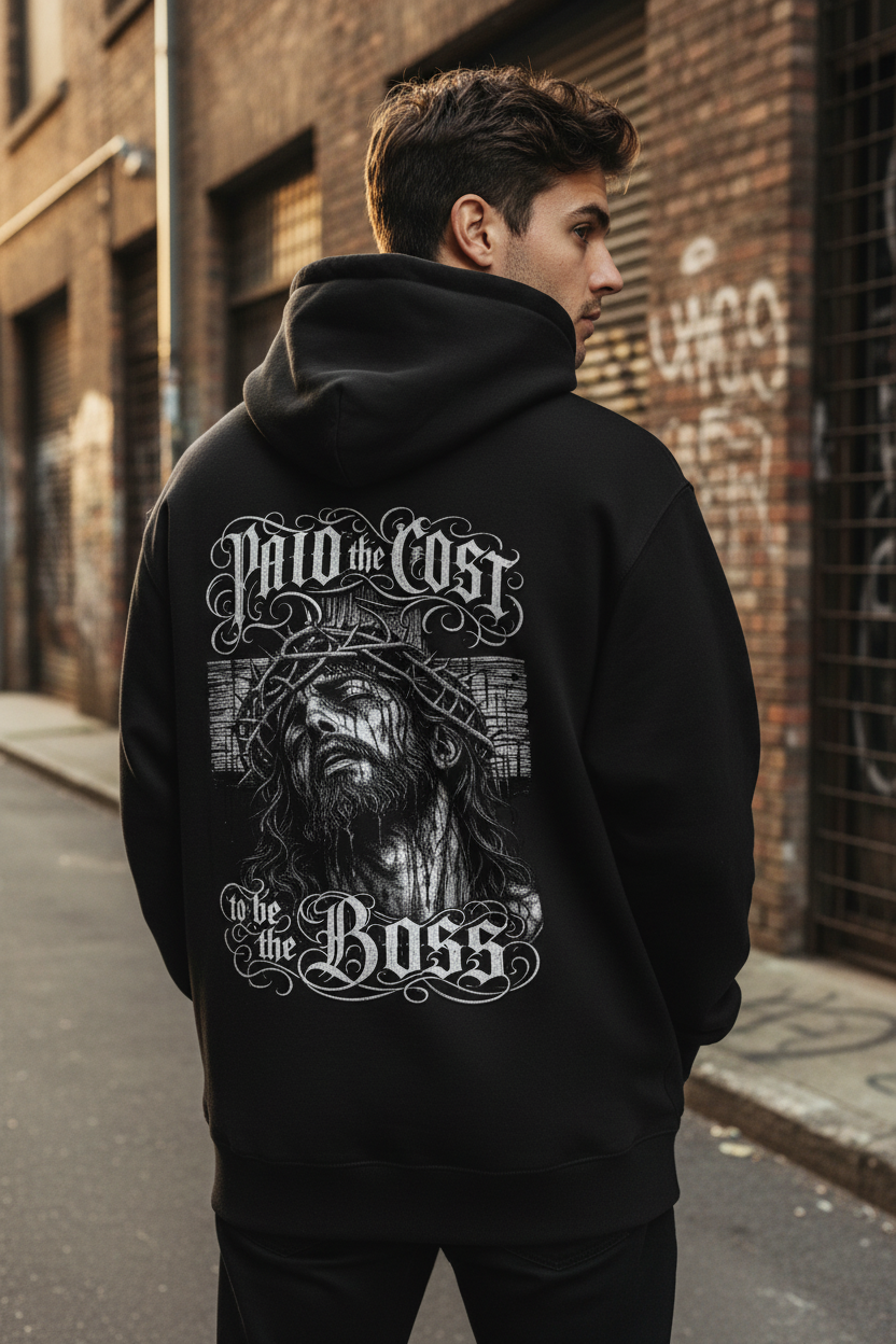Male model showing the large Paid the Cost back artwork