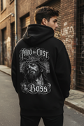 Male model showing the large Paid the Cost back artwork