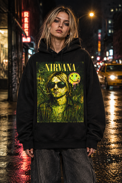 Female model in the same oversized unisex black Nirvana hoodie with yellow-green Kurt portrait artwork