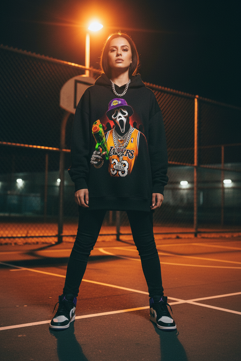 Female model wearing The Daily Dead Ghostface Court Side hoodie