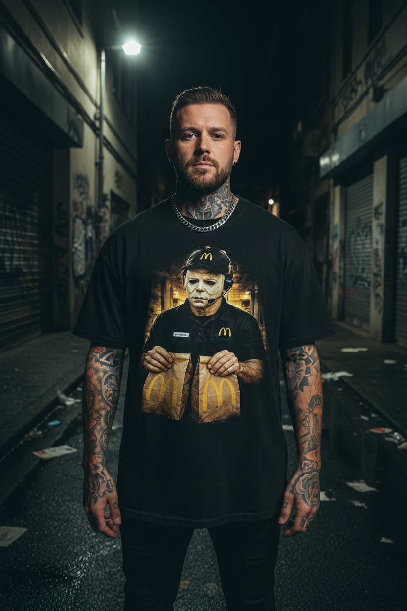 Male model wearing The Daily Dead Myers Meal tee