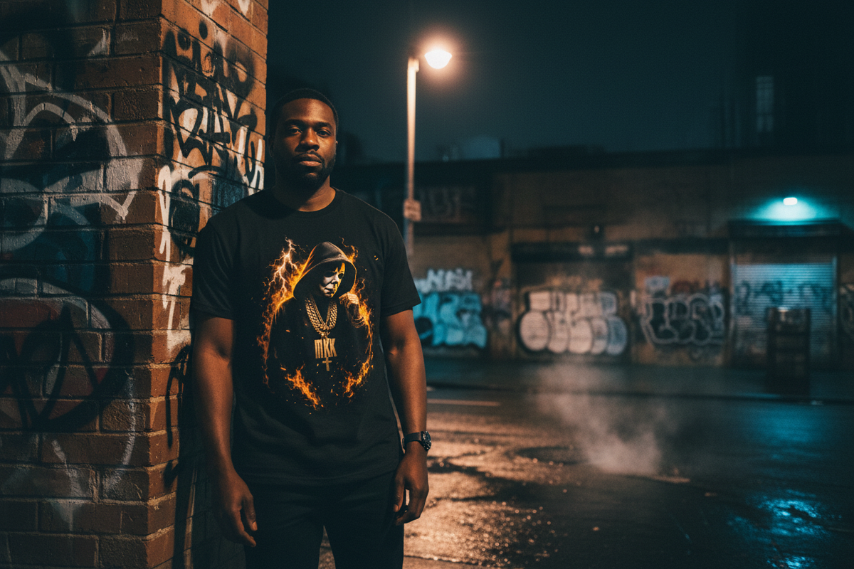 Black male on city street wearing The Daily Dead Michael Myers Hood Forever tee