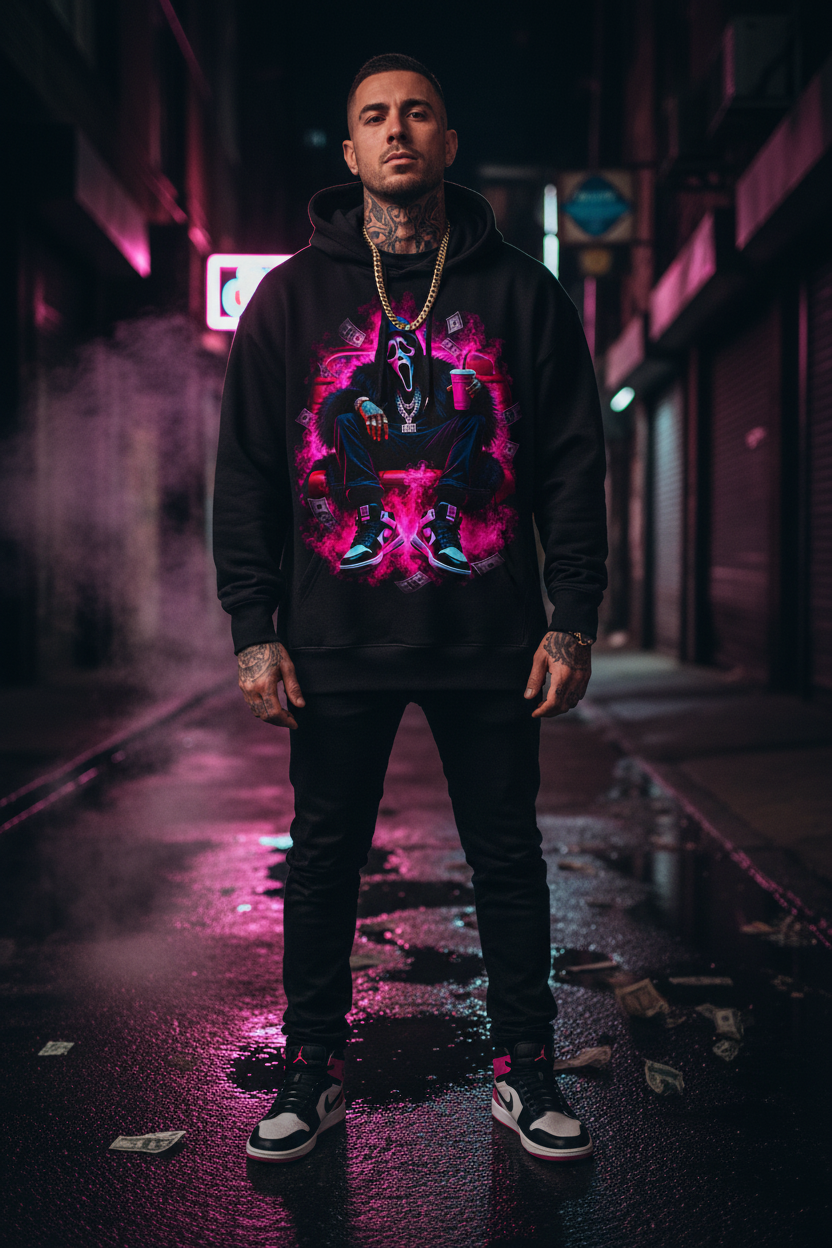 Male model wearing The Daily Dead Ghostface Boss Mode hoodie