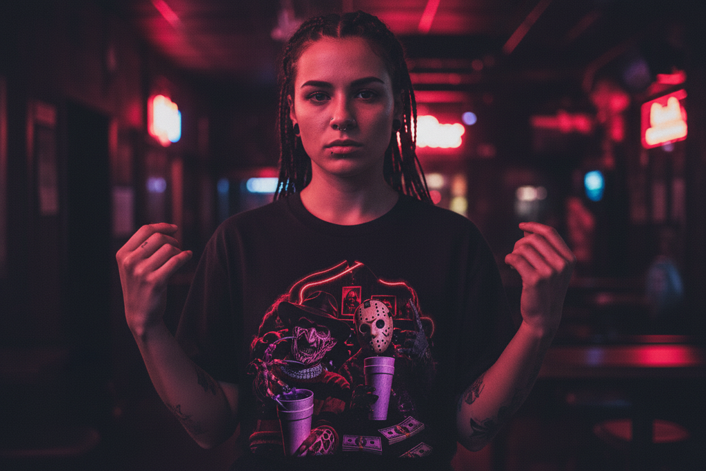 Female model wearing The Daily Dead Freddy and Jason Last Call tee