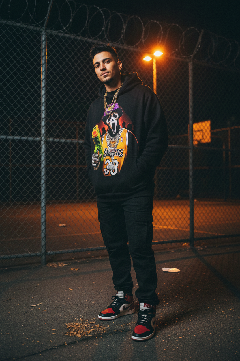 Male model wearing The Daily Dead Ghostface Court Side hoodie