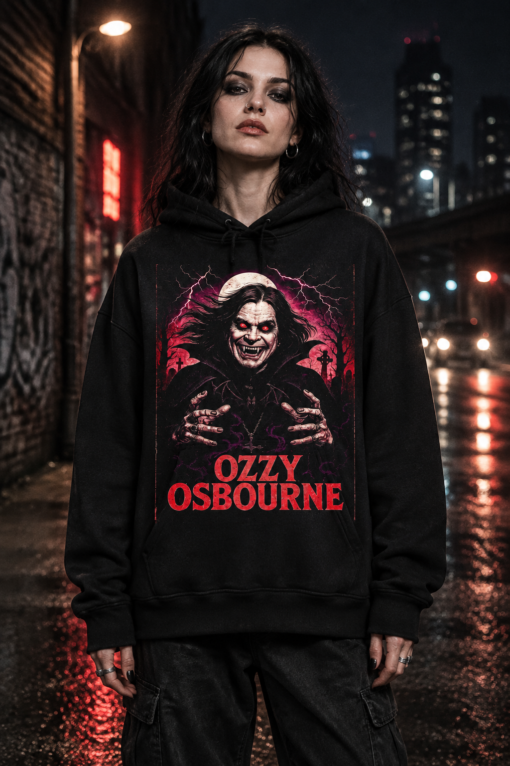 Female model in an oversized unisex black Ozzy Osbourne hoodie with a red-eyed graveyard graphic