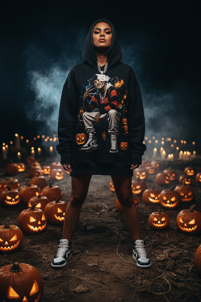 Female model wearing The Daily Dead Freddy Pumpkin Patch hoodie