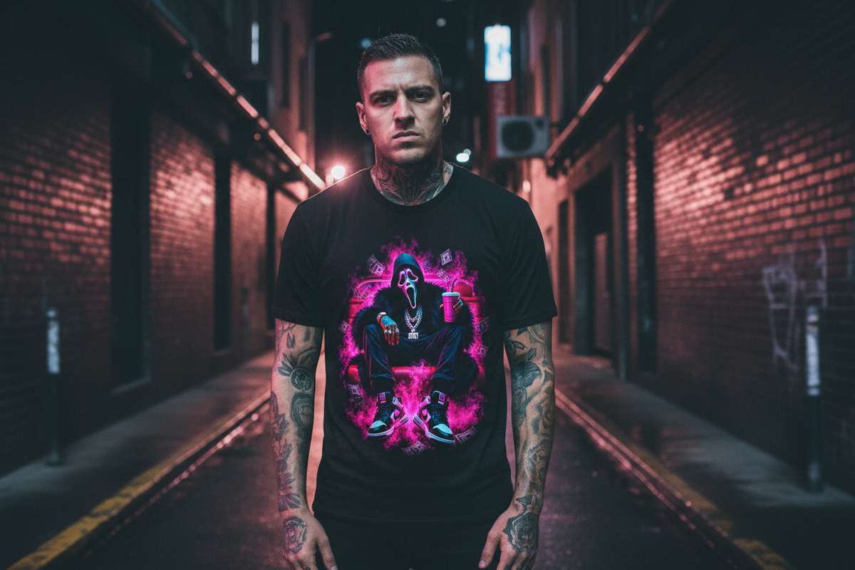 Male model wearing The Daily Dead Ghostface Boss Mode tee