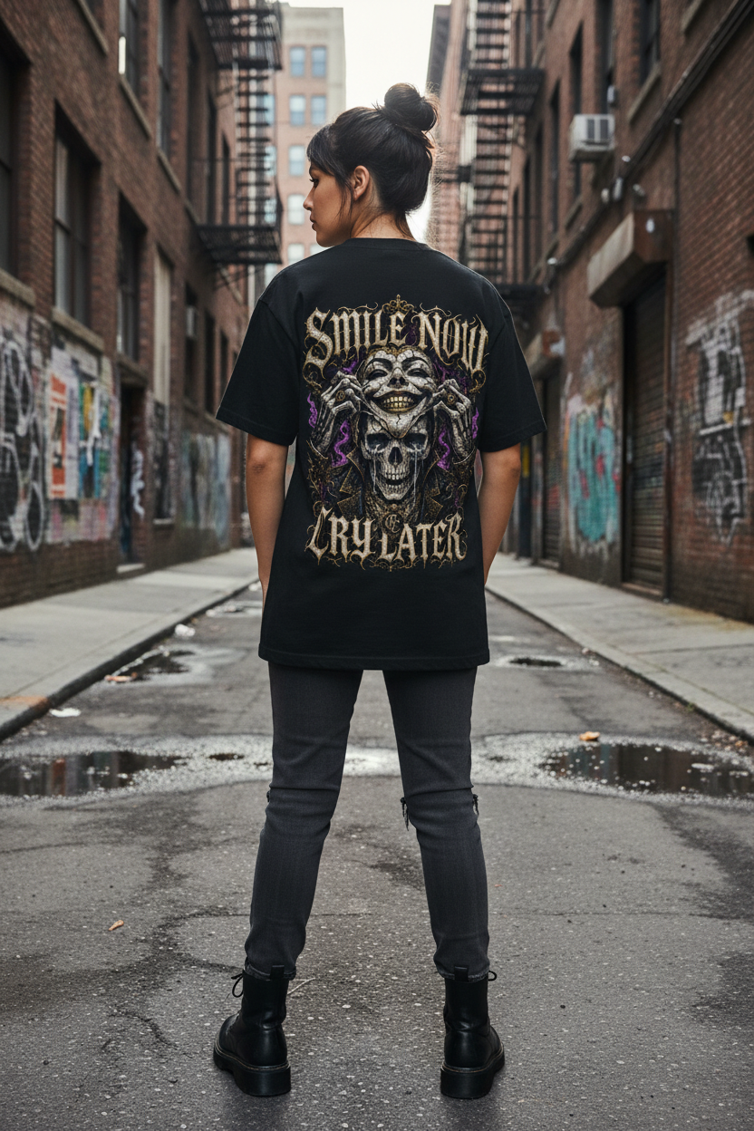 Female model wearing the Smile Now Cry Later tee