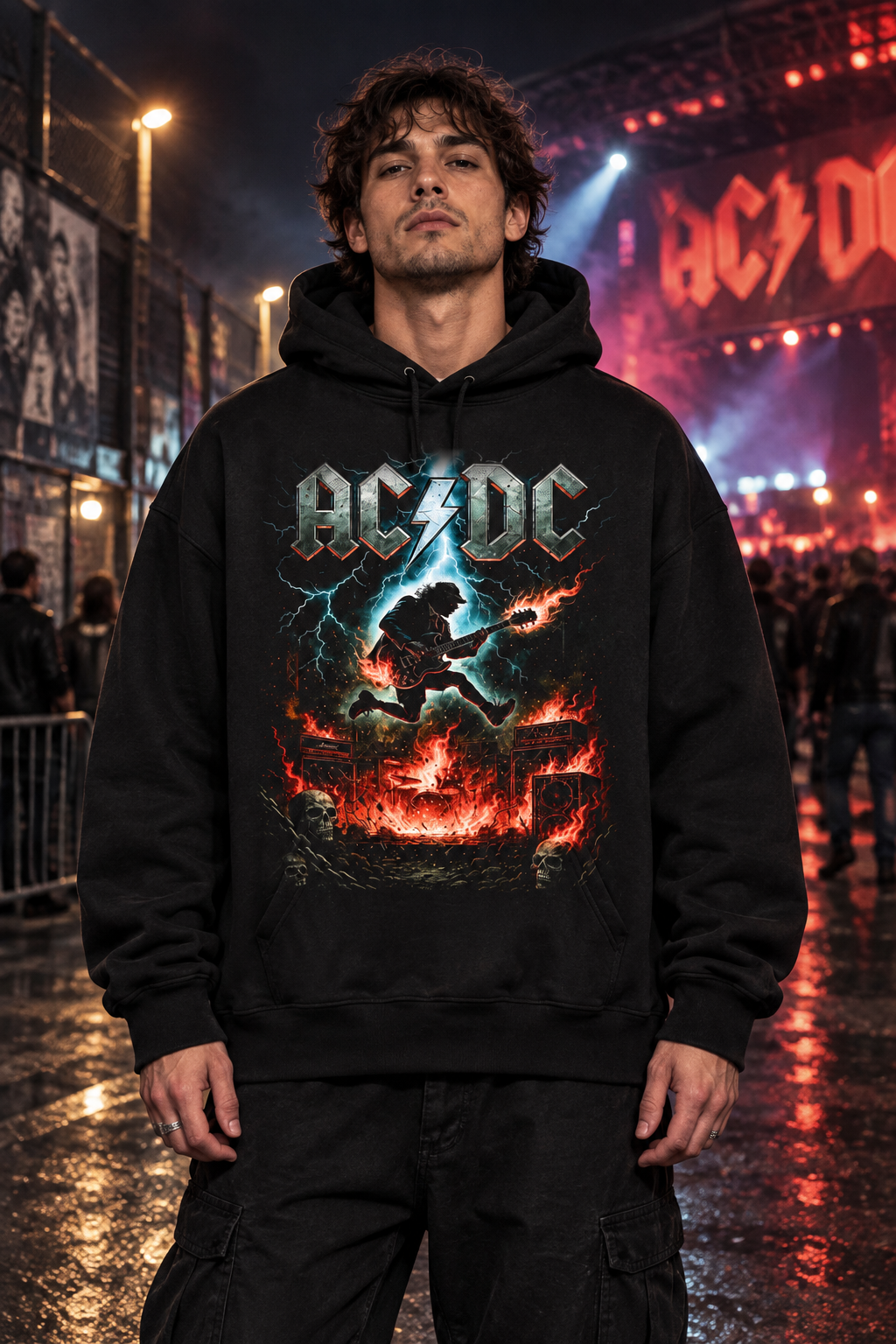 Male model wearing an oversized black AC/DC hoodie with guitarist and lightning artwork