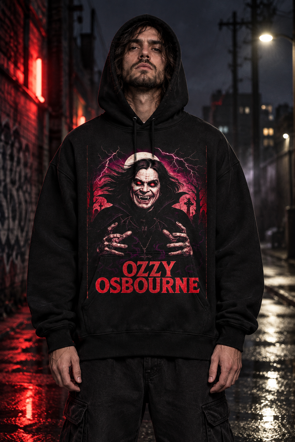 Male model in an oversized black Ozzy Osbourne hoodie with a red-eyed graveyard graphic