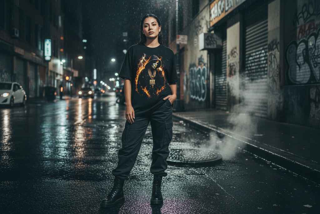 Latina woman on city block wearing The Daily Dead Michael Myers Hood Forever unisex tee