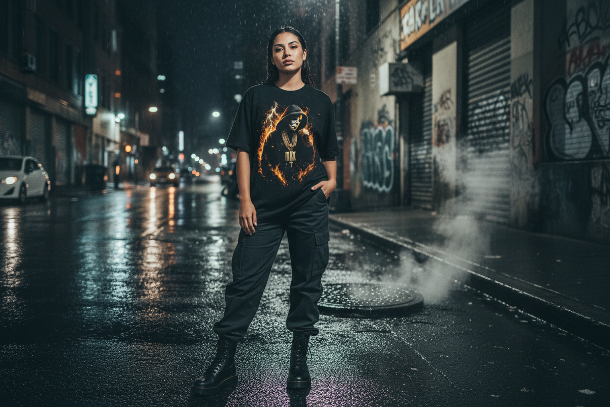 Latina woman on city block wearing The Daily Dead Michael Myers Hood Forever unisex tee
