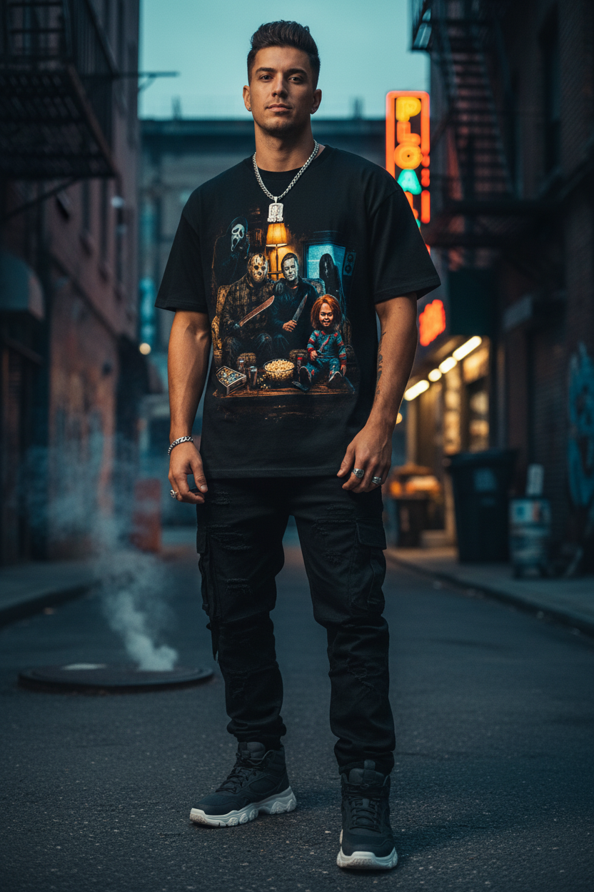 Male model wearing The Daily Dead Chillin' Like a Villain tee