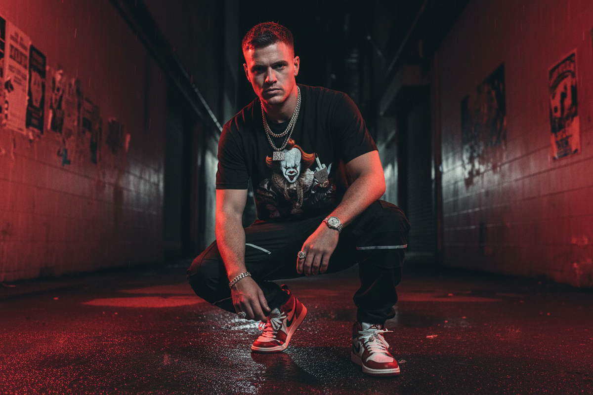 White male model wearing The Daily Dead Pennywise Float This tee