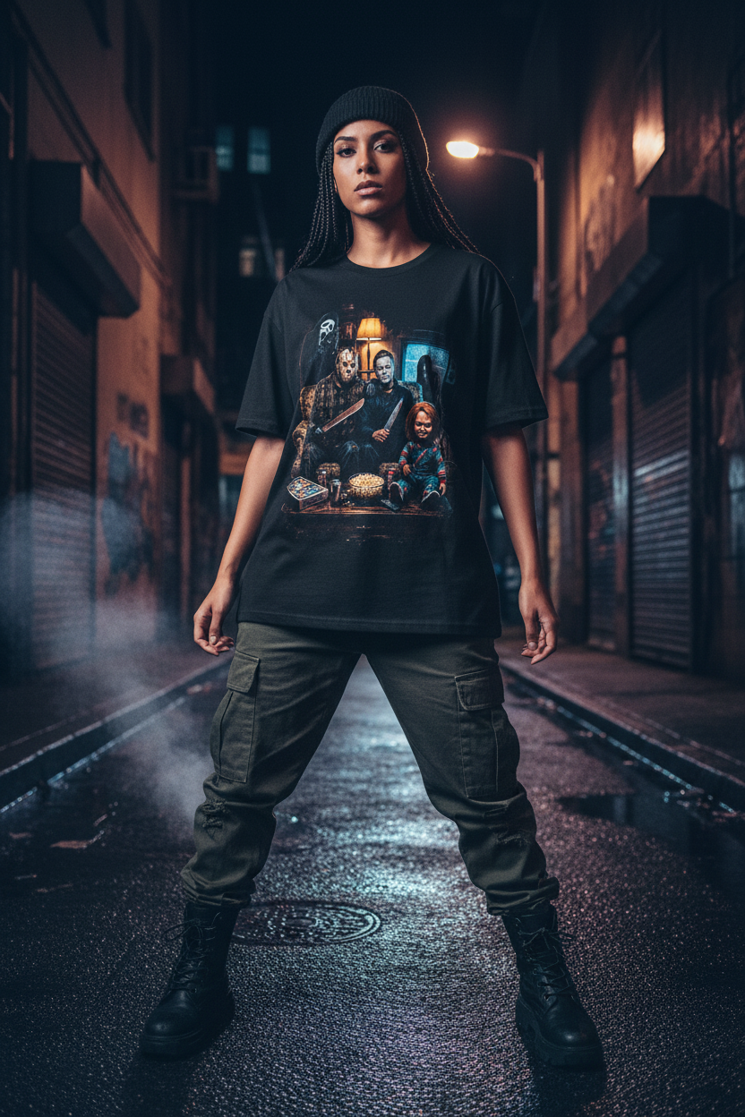 Female model wearing The Daily Dead Chillin' Like a Villain tee