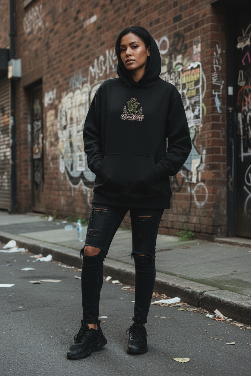 Female model showing the small front logo on the C&C Logo Hoodie