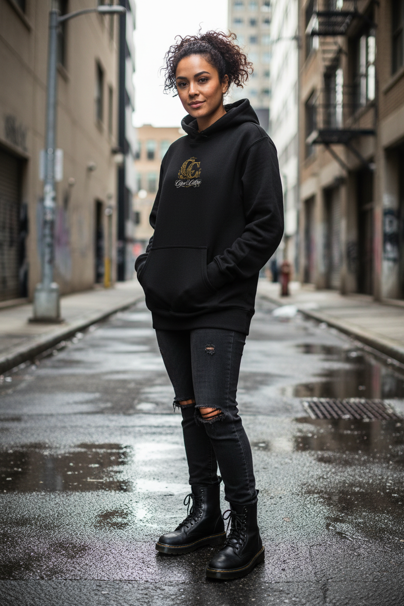 Female model showing the small front C&C logo on the Paid The Cost Hoodie
