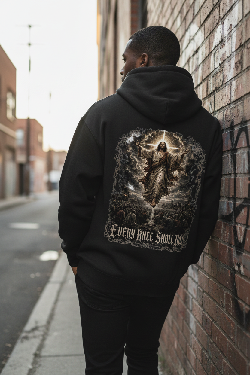 Male model showing the large Every Knee Shall Bow back print