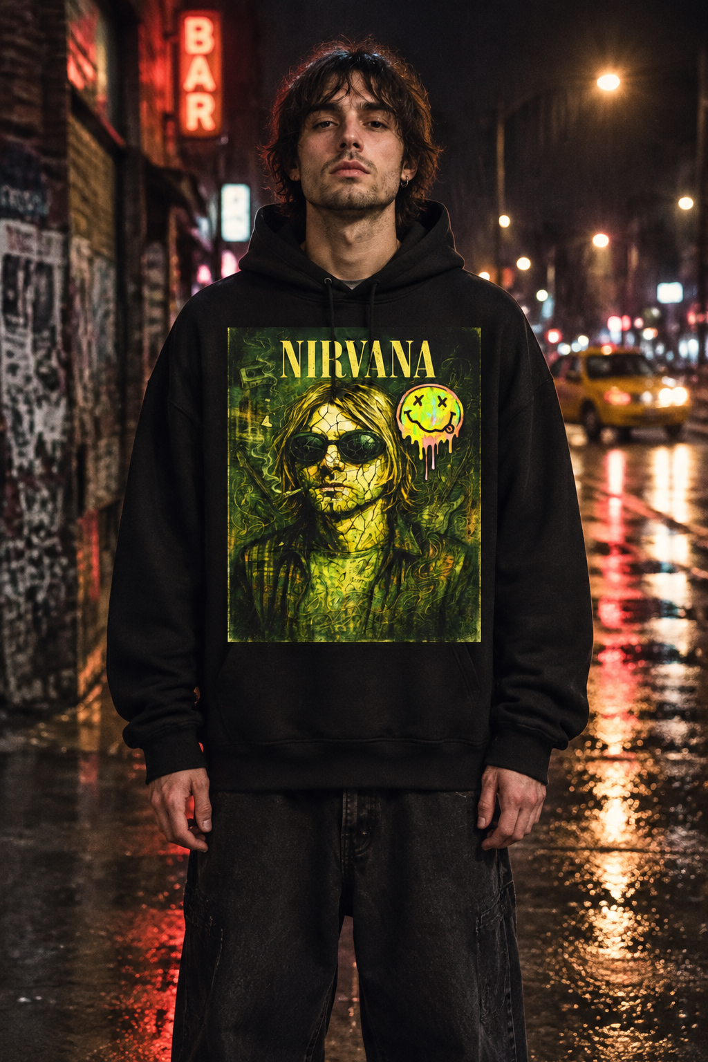 Male model wearing an oversized black Nirvana hoodie with the yellow-green Kurt portrait artwork