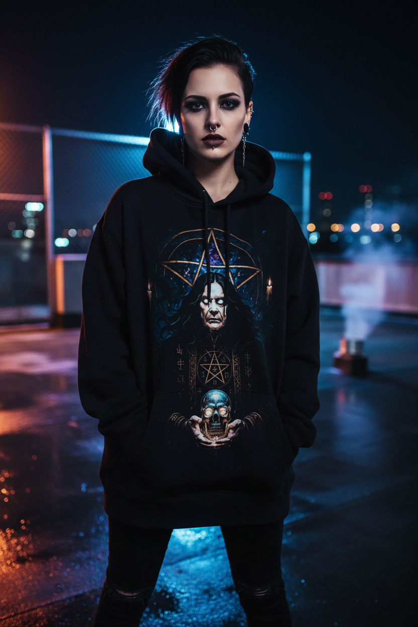 Female street model wearing Ozzy Osbourne Mystic hoodie