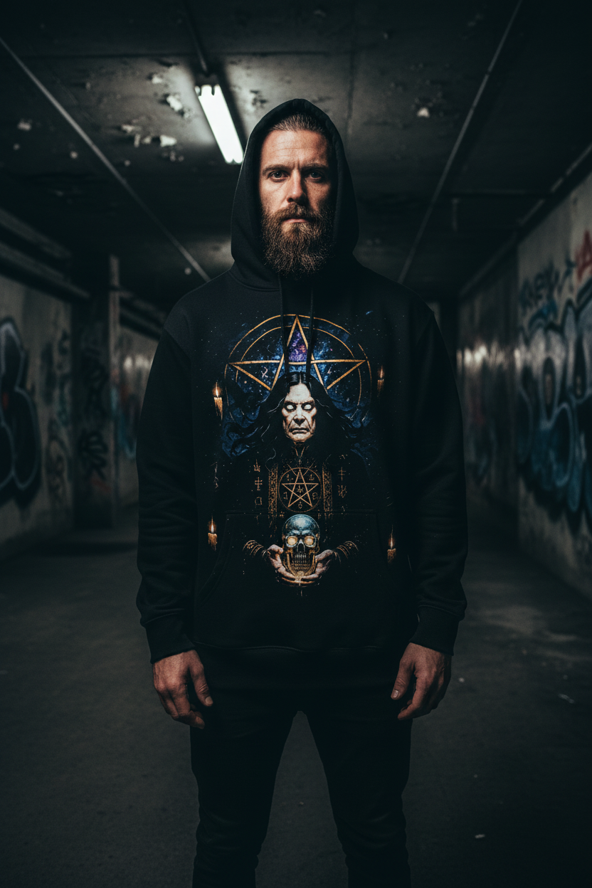 Male street model wearing Ozzy Osbourne Mystic hoodie