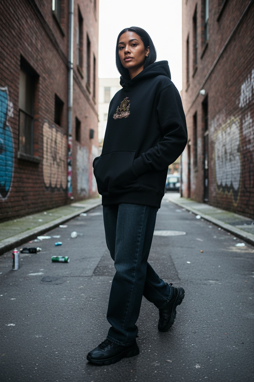 Female model showing the small front logo on the Smile Now Cry Later Hoodie
