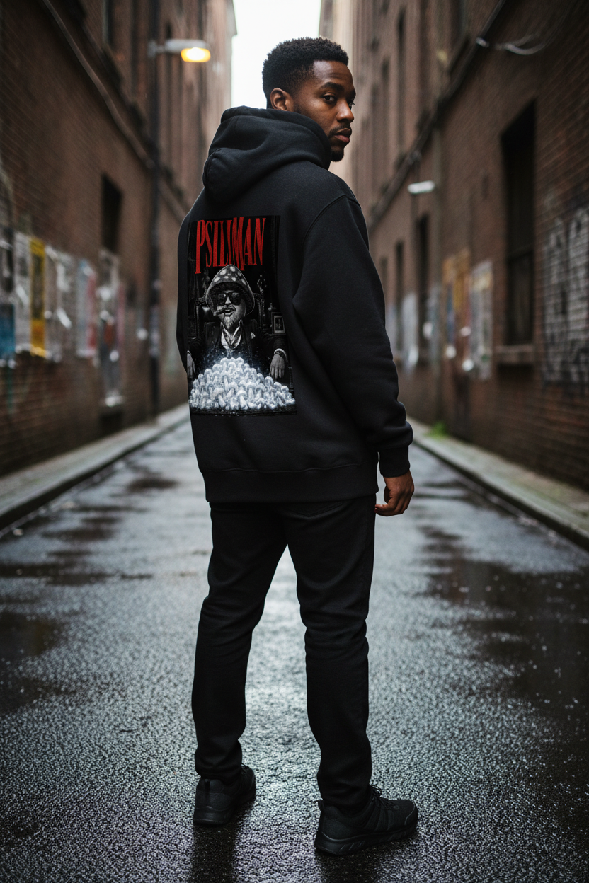 Male model showing the large Psili Man Scarface back artwork